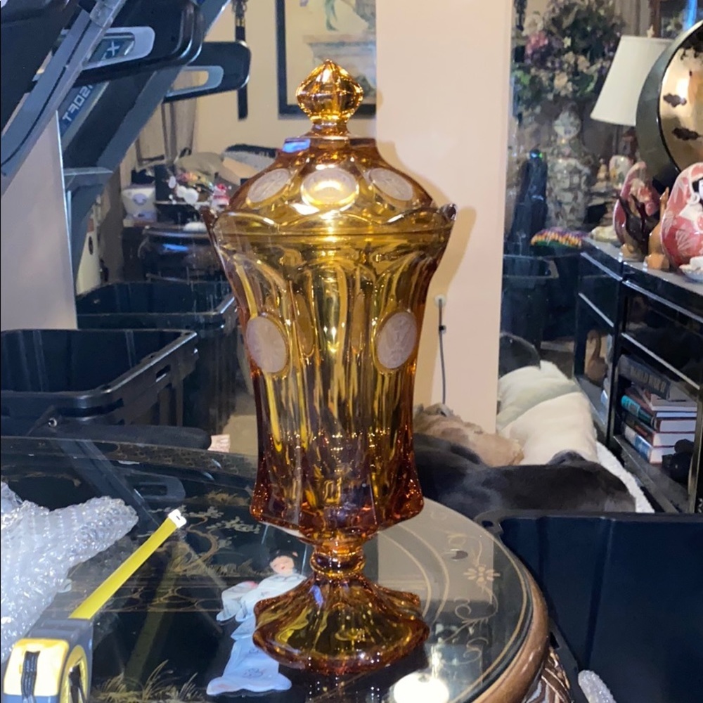 BOX41 Fostoria Vintage Tall Amber Coin Footed Urn With Lid